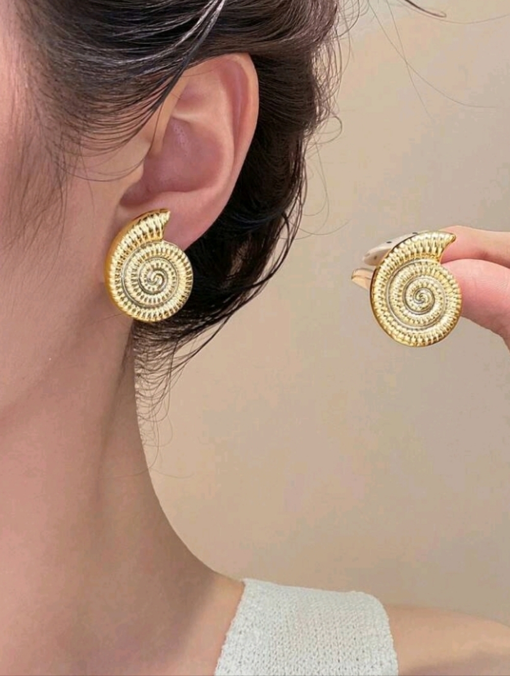 Golden Spiral Conch Shell Statement Earrings